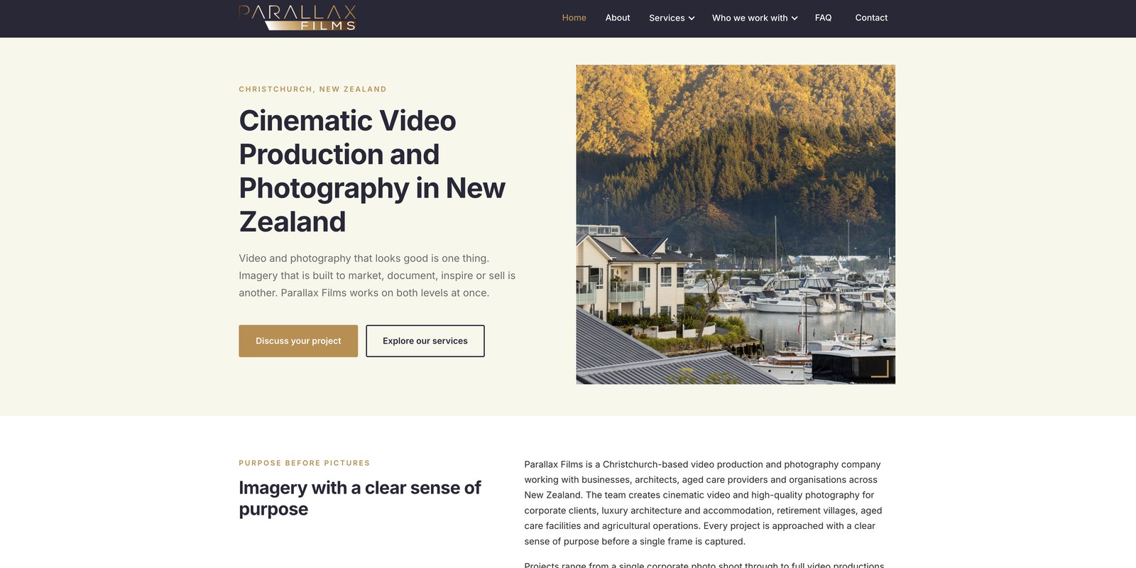 Home page of the Parallax Films website built by Debut